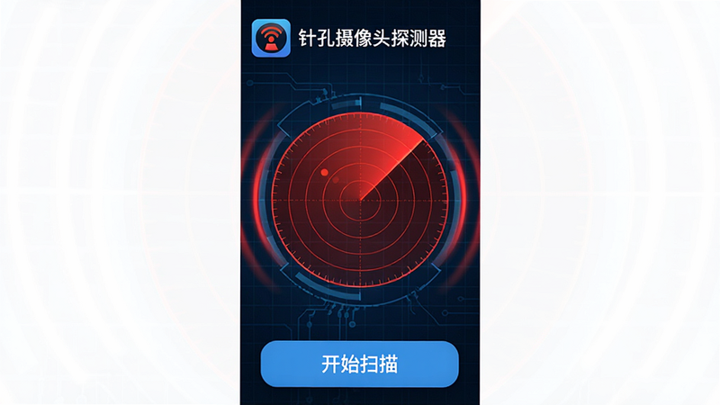 一款名为“针孔摄像头探测器”的安卓APP界面预览图,背景为深蓝色科技感网格,中央显示一个红色的雷达扫描动画,周围环绕着红外感应波纹,界面顶部有清晰的软件Logo,底部有“开始扫描”的大按钮,整体风格现代、简洁、高清晰度,无多余装饰元素