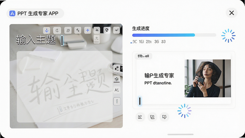 主体为PPT生成专家APP的AI生成界面,布局为左右分栏,左侧为文本输入区显示“输入主题”,右侧为生成进度条与幻灯片预览,风格为极简白色背景,细节包含闪烁的光标与动态加载图标,画质清晰,干净,无多余元素