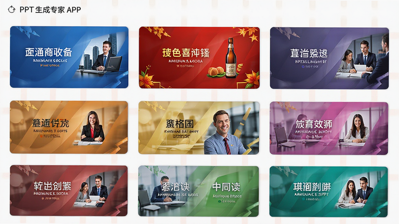 主体为PPT生成专家APP的模板选择页,布局为网格状展示,排版整齐,风格为多彩商务风,细节显示多个不同配色的幻灯片封面缩略图,包括蓝色商务、红色喜庆等,画质高保真,干净,无多余元素