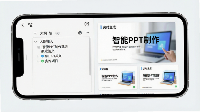 主体为手机屏幕展示PPT生成专家APP界面,布局为全屏预览模式,排版简洁现代,风格为扁平化科技风,细节显示左侧为大纲输入框,右侧为实时生成的精美幻灯片缩略图,包含标题“智能PPT制作”,画质高清,干净,无多余元素