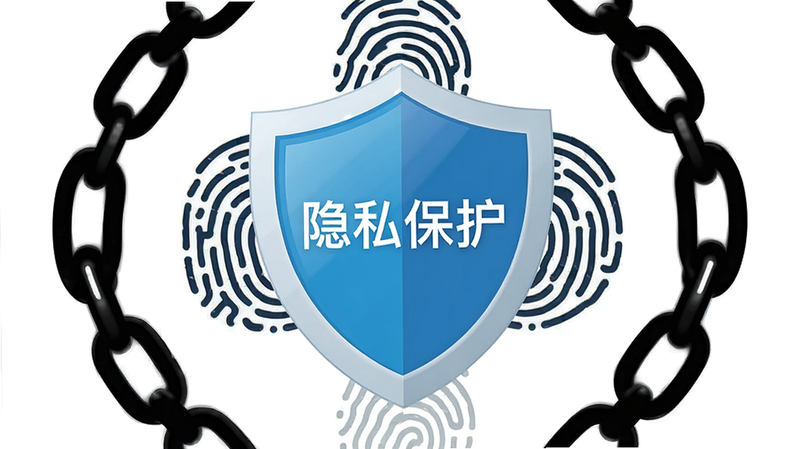 一个盾牌形状的图标位于手机屏幕中心,周围环绕着锁链和指纹图案,背景为纯白色,布局居中对称,排版严谨,风格为扁平化安全图标设计,细节处有细微的光泽感,画质清晰,干净,无多余元素,文字显示“隐私保护”