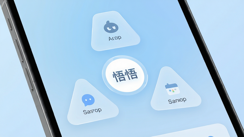 一张高清手机屏幕特写,主体为悟悟App的主界面,背景是柔和的浅蓝色渐变,界面设计极简,中心有一个发光的白色圆形图标,周围环绕着三个简洁的功能模块卡片,布局呈三角形分布,排版整齐对称,风格为现代扁平化UI设计,细节处体现光滑的玻璃拟态质感,画质清晰,干净,无多余元素,文字显示“悟悟”