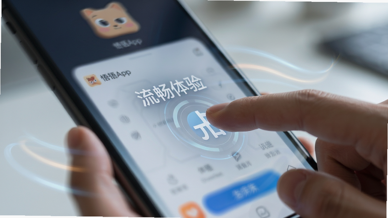 展示悟悟App的操作界面,主体为手指在屏幕上进行滑动操作的瞬间,背景虚化,突出前景的操作反馈效果,布局聚焦于屏幕中央的交互区域,排版简洁,风格为科技感动态模糊,细节展现流畅的动画轨迹,画质高,干净,无多余元素,文字显示“流畅体验”