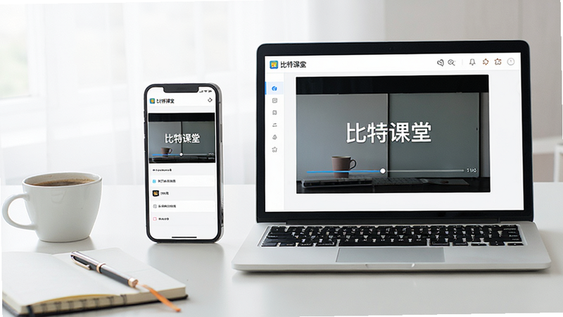 一张展示手机与笔记本电脑并排摆放的场景图,两台设备的屏幕上都显示着“比特课堂”相同的课程视频界面,视频进度条位置一致,暗示同步功能。桌面整洁,有一杯咖啡和一本笔记本作为点缀,光线明亮自然,风格清新简约,突出办公与学习的氛围,画质清晰,色彩还原准确,无多余杂物