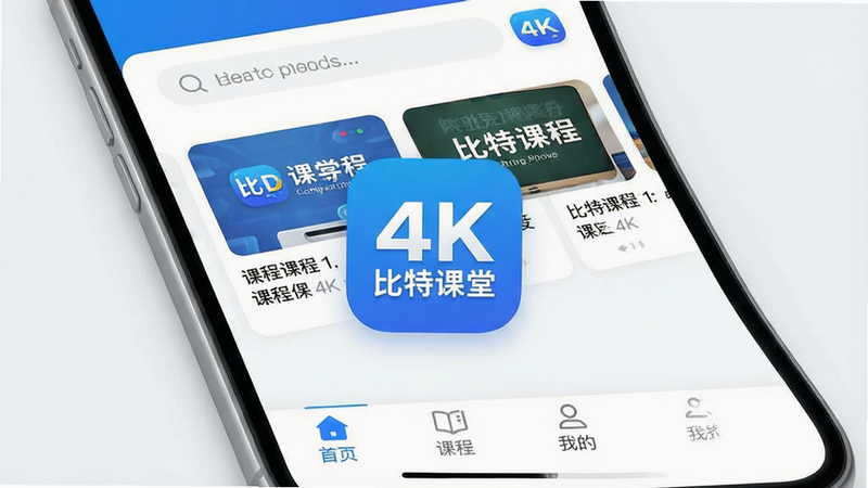 一张展示手机屏幕界面的高清渲染图,主体是“比特课堂”APP的主界面,布局清晰,顶部有搜索栏,中间展示着几个精选课程卡片,卡片上有清晰的课程封面图和标题文字,底部是导航栏包含“首页”、“课程”、“我的”等图标。整体风格为现代极简主义,色调以白色和科技蓝为主,背景干净无杂物,画面中心突出APP图标,画质4k,细节丰富,无多余元素