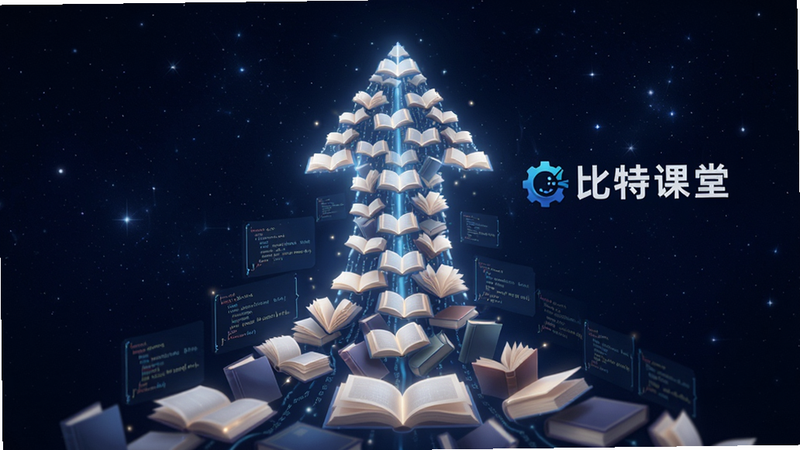一个抽象的概念图,主体是无数发光的书本和代码片段汇聚成一个向上的箭头,背景是深蓝色的星空质感,象征知识的积累与提升。箭头旁边悬浮着“比特课堂”的Logo,文字清晰可见。构图采用中心对称,光影效果柔和,营造出科技感与专业感,画质高清,无杂乱背景