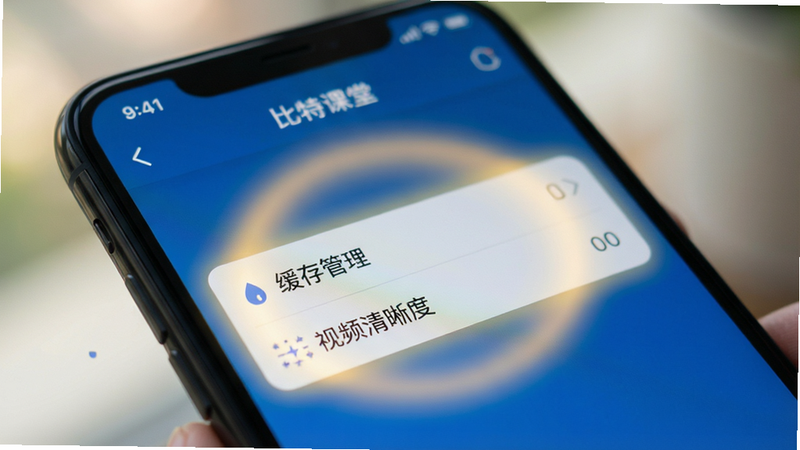 一张手机屏幕特写图,显示“比特课堂”APP的设置界面,重点高亮显示“缓存管理”和“视频清晰度”选项,周围有柔和的光晕效果,背景虚化,突出操作重点。风格为写实摄影,光线柔和,色彩自然,画质细腻,无干扰元素