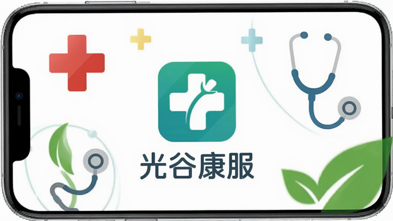 光谷康服APP主界面展示,白色背景,中央显示软件Logo,周围环绕医疗十字图标、听诊器图案和绿色健康叶子元素,扁平化设计风格,清晰展示“光谷康服”文字,高清,无多余装饰