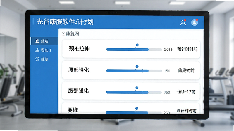 光谷康服软件内的康复计划页面,显示列表形式的训练项目,包含“颈椎拉伸”、“腰部强化”等条目,每项旁有进度条和预计时长,界面清爽,蓝色与白色主色调,细节丰富,高清渲染