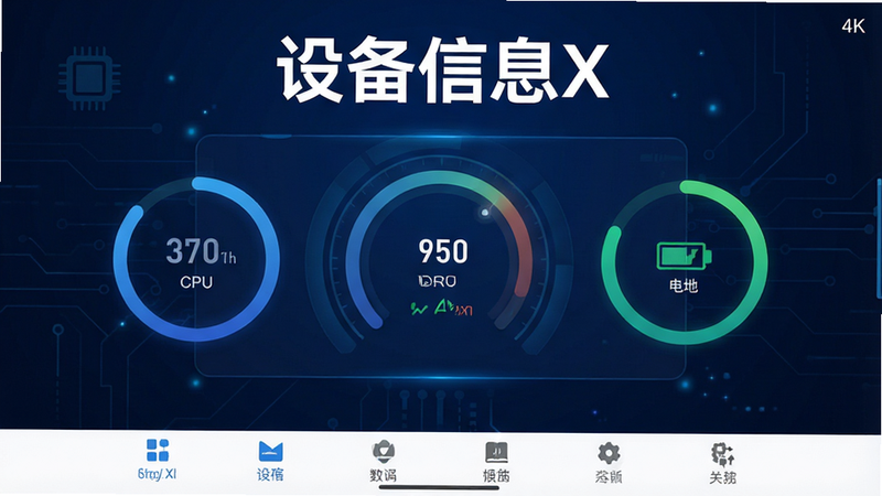 生成一张展示“设备信息X”应用主界面的UI设计图,背景为深蓝色科技风,中央显示手机硬件仪表盘,包含CPU、内存、电池等圆形进度条,底部有清晰的功能导航栏,整体风格简洁现代,4k高清,无多余装饰,文字“设备信息X”醒目显示在顶部