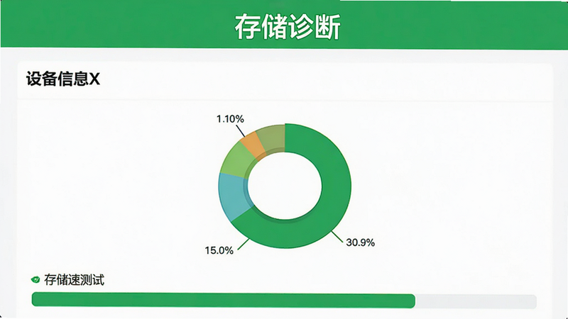 生成一张“设备信息X”存储分析页面,显示一个环形饼图代表文件类型占比,下方是存储速度测试进度条,界面干净明亮,使用绿色表示健康状态,文字“存储诊断”位于顶部,扁平化设计风格