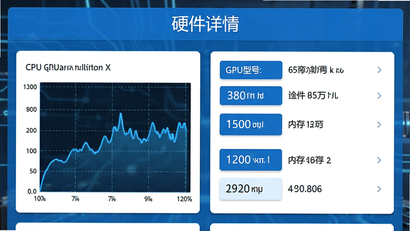 生成一张“设备信息X”硬件详情页截图,左侧显示CPU频率动态曲线图,右侧列出GPU型号和内存大小,界面采用卡片式布局,配色为蓝白相间,细节清晰,文字“硬件详情”位于标题处,高清渲染