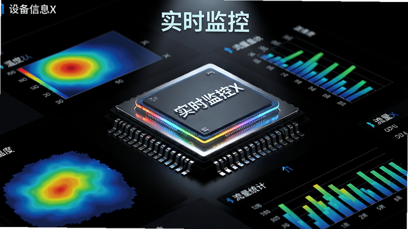 生成一张“设备信息X”实时监控界面,中心是一个动态的3D CPU芯片模型,周围环绕着温度热力图和流量统计柱状图,背景为黑色,光线聚焦在芯片上,科技感强烈,文字“实时监控”清晰可见,画质细腻