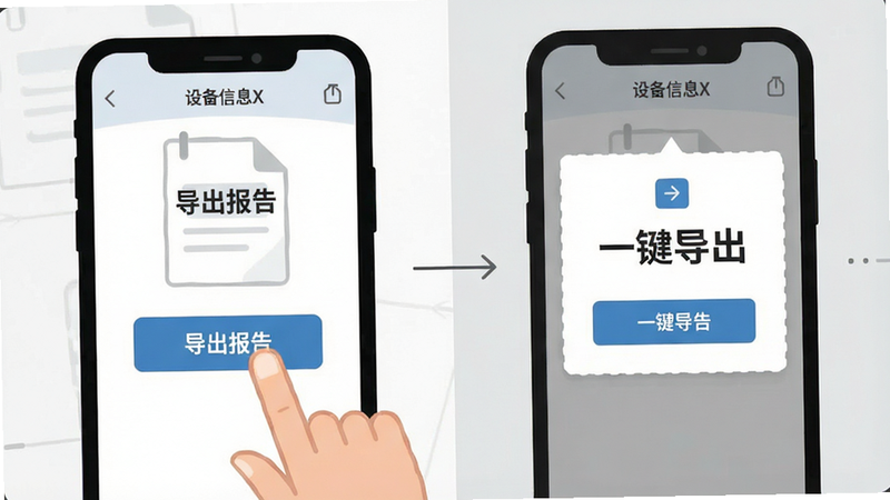 生成一张“设备信息X”操作指南示意图,左侧是手机屏幕显示“导出报告”按钮被手指点击的动作,右侧是生成的分享卡片预览,背景为浅灰色,线条简洁,文字“一键导出”清晰,扁平插画风格