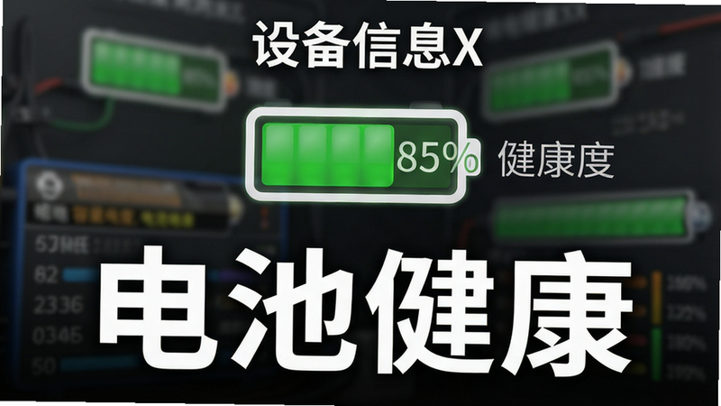 生成一张“设备信息X”电池健康度特写图,中心显示一个绿色的电池图标,旁边标注“85%健康度”,下方是容量对比条形图,背景虚化,焦点清晰,文字“电池健康”醒目,高清晰度