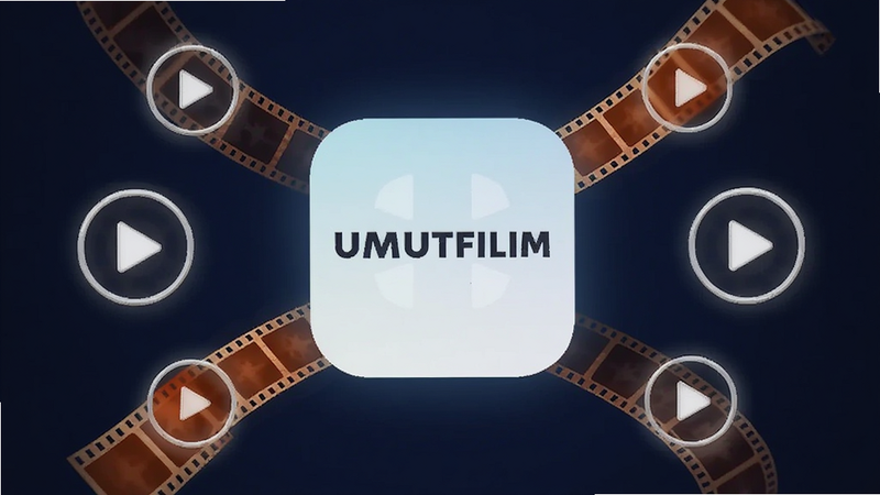Boogu-Image 风格,主体为 UMUTFILIM 应用图标悬浮在深蓝色背景中央,周围环绕着土耳其风格的电影胶片元素和播放按钮图标,布局中心对称,排版简洁现代,细节处有微弱的光晕效果,画质高清,干净,无多余元素,文字