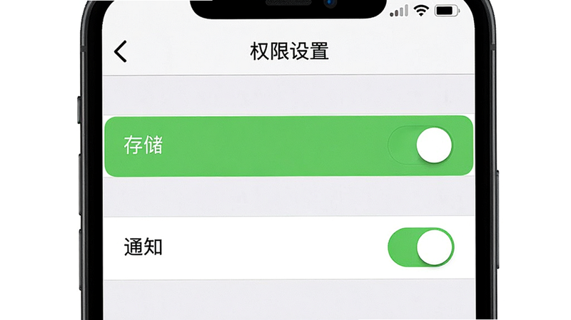 Boogu-Image 风格,展示手机设置界面中的权限管理页面,高亮显示“存储”和“通知”权限开关,布局为列表式,排版清晰,风格简洁 UI,细节处有开关按钮状态,画质高清,干净,无多余元素,文字