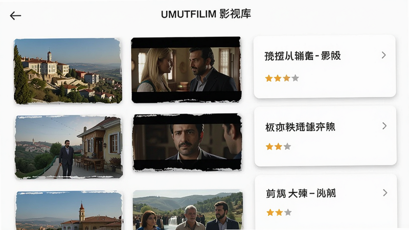 Boogu-Image 风格,展示 UMUTFILIM 应用内的视频列表界面,左侧为土耳其风景或剧照缩略图,右侧为简洁的文字标题和评分,布局为网格状,排版整洁有序,风格扁平化,细节处有卡片阴影,画质清晰,干净,无多余元素,文字