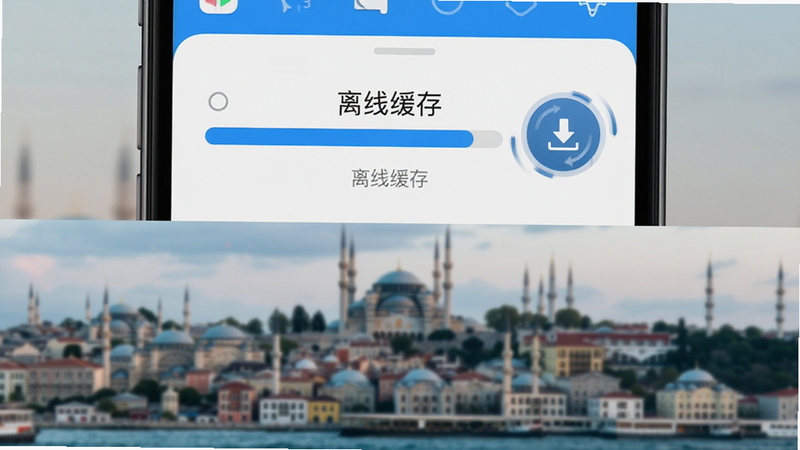 Boogu-Image 风格,主体为手机屏幕显示下载进度条,背景为模糊的土耳其伊斯坦布尔天际线,布局上下分层,上方为应用界面,下方为风景,排版融合自然,风格写实与数字结合,细节处有下载图标旋转动画效果,画质高清,干净,无多余元素,文字