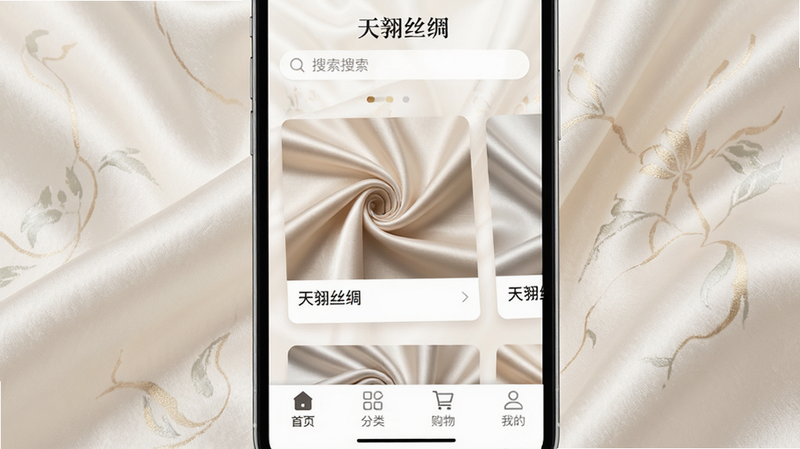 主体为手机屏幕,显示天翊丝绸APP首页,界面采用淡雅的丝绸纹理背景,布局清晰,顶部有搜索栏,中间展示高清丝绸面料卡片,底部导航栏包含首页、分类、购物车、我的四个图标,风格清新简约,细节展现丝绸的光泽感,画质高清,干净无多余元素,文字“天翊丝绸”清晰可见