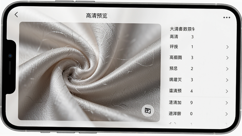 主体为手机界面,展示丝绸面料大图预览功能,左侧显示面料微距纹理,右侧显示参数列表,布局左右分栏,风格专业简洁,细节突出丝绸纤维结构,画质细腻,干净,文字“高清预览”