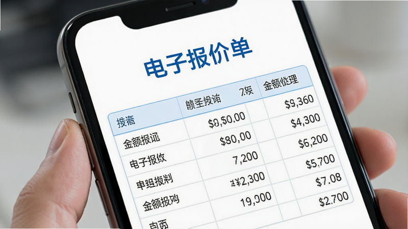主体为手机界面,展示电子报价单生成结果,界面显示表格形式的数据,布局紧凑整齐,风格简约白底蓝字,细节显示金额计算逻辑,画质高清,干净,文字“电子报价单”