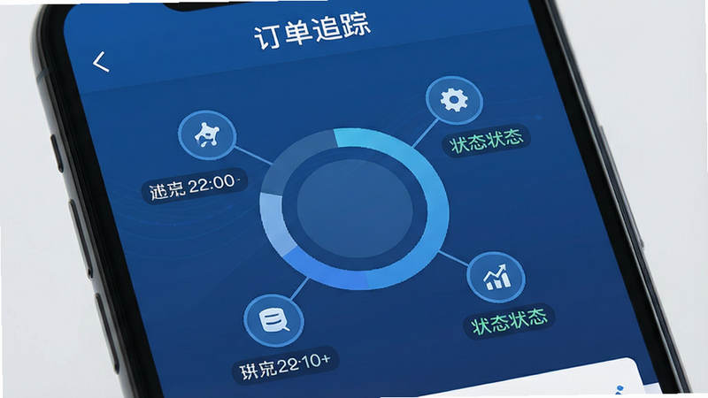 主体为手机界面,展示订单进度追踪页面,中心为环形进度图,周围分布四个节点图标,布局居中辐射状,风格商务蓝调,细节显示时间戳与状态标签,画质清晰,干净,文字“订单追踪”