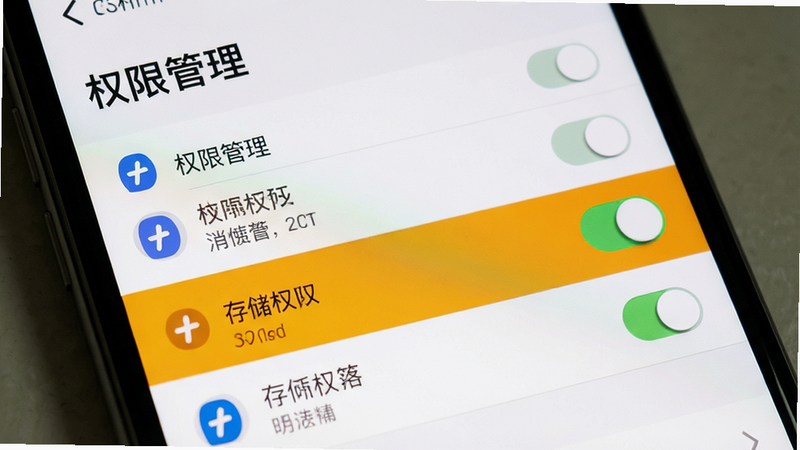 主体为手机设置界面,展示权限管理列表,高亮显示存储权限开关,布局列表式,风格系统原生简洁,细节显示权限图标与状态,画质清晰,干净,文字“权限管理”