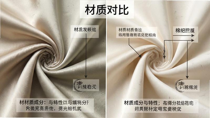 主体为对比图表,左侧展示丝绸纹理,右侧展示棉绸纹理,布局左右对称,风格科普教育风,细节标注材质成分与特性,画质高清,干净,文字“材质对比”