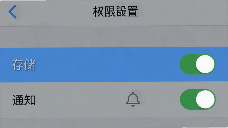主体为手机设置界面截图,显示权限管理选项,布局为标准列表样式,高亮显示“存储”和“通知”权限开关,风格简洁明了,细节处有清晰的开关状态指示,画质清晰,干净无多余元素,文字“权限设置”清晰可见