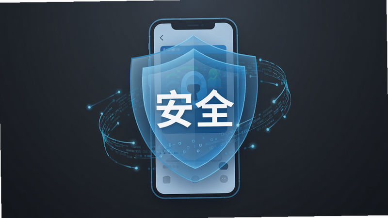 主体为抽象的安全盾牌图标与手机界面融合,布局居中,盾牌呈现半透明科技蓝质感,背景为深灰色渐变,排版简洁大方,风格为科技感与商务风结合,细节处有数据流线条环绕,画质清晰,干净无多余元素,文字“安全”以白色高亮显示