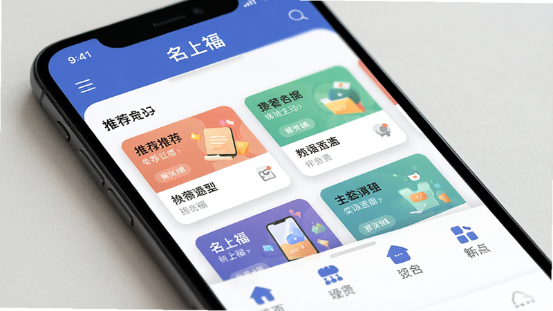 主体为手机屏幕特写,显示名上福APP首页界面,布局清晰,顶部导航栏醒目,中部推荐卡片整齐排列,底部功能图标清晰可见,风格为现代扁平化设计,细节处包含柔和的阴影效果,画质高清,干净无多余元素,文字“名上福”清晰可见
