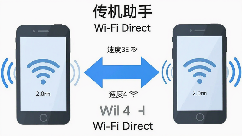 展示Wi-Fi信号覆盖两手机的示意图,主体为两手机图标,中间有双向箭头表示数据交换,布局对称,排版清晰,风格扁平化设计,细节包含信号波纹和速度标识,画质清晰,干净,无多余元素,文字包含“传机助手”和“Wi-Fi Direct”