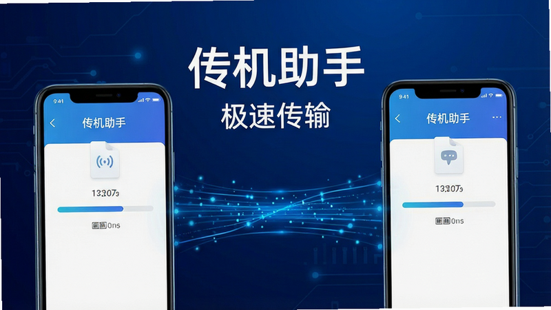 一张展示传机助手核心功能的宣传图,主体为两部智能手机屏幕相对,中间有蓝色数据流线条连接,背景为深蓝色科技风渐变,布局简洁,排版居中,风格现代简约,细节包含手机屏幕显示文件传输进度条,画质高清,干净,无多余元素,文字包含“传机助手”和“极速传输”