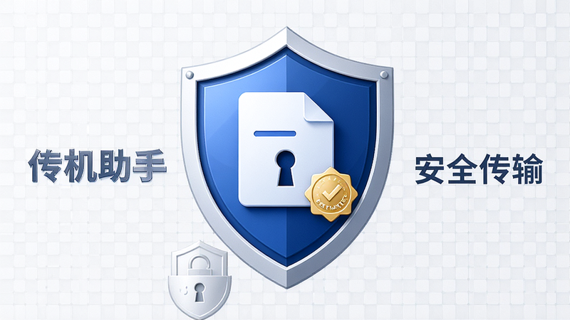 一个盾牌图标保护着文件图标,背景为浅灰色安全网格,布局中心对称,排版稳重,风格专业商务,细节包含锁孔和安全认证标志,画质高清,干净,无多余元素,文字包含“传机助手”和“安全传输”