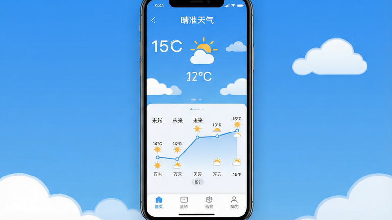����Ϊ�ֻ���Ļ��ʾ��׼����App���棬����Ϊȫ��չʾ��������ʾ��ǰ�¶�������ͼ�꣬�в�Ϊδ��15����������ͼ���ײ�Ϊ���ܵ��������Ű�������࣬���Ϊ�ִ���ƽ��UI��ƣ�ϸ�ڰ�����ɫ��ձ������ɫ�ƶ�Ԫ�أ�������ʾ