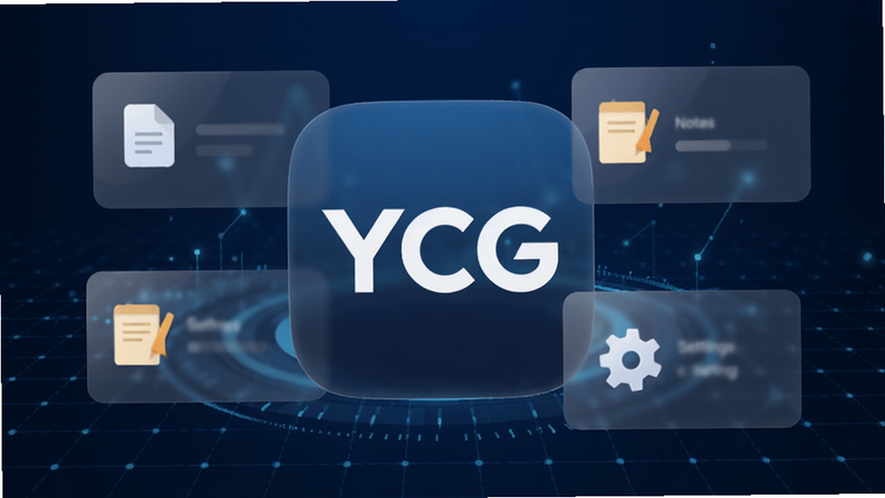 һ��չʾYCG��׿Ӧ��������ĸ�����Ⱦͼ������Ϊ����ɫ�Ƽ�����������������Բ�Ǿ��ε�Ӧ��ͼ�꣬ͼ�������ǰ�ɫ��YCG��ĸLogo����Χ�����ż�����͸���Ĺ���ģ�鿨Ƭ�����ļ����ʼǡ����ã��������ִ���࣬���壬�޶���Ԫ��