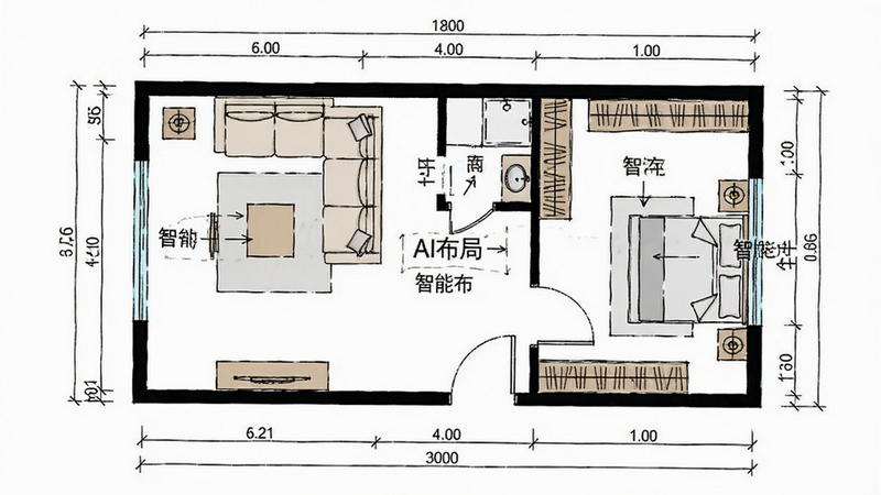 生成一张展示“一键AI家装”智能布局功能的俯视图,主体为房间平面图与家具自动排列示意,布局逻辑清晰,排版直观,风格为工程制图风,细节标注尺寸,画质锐利,干净无多余元素,文字包含“智能布局”