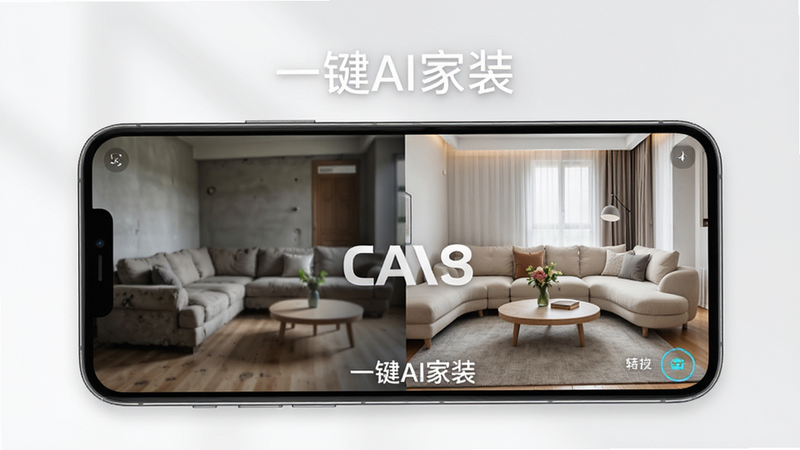 生成一张展示“一键AI家装”软件界面的宣传图,主体为手机屏幕,屏幕上显示一个客厅从毛坯到精装的对比效果,布局清晰,排版美观,风格为现代简约科技感,细节丰富,画质高清,干净无多余元素,文字包含“一键AI家装”