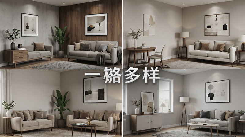 生成一张展示“一键AI家装”多种风格切换的拼图,主体为四个不同风格的房间角落,布局均衡,排版整齐,风格为多样化展示,细节体现材质差异,画质精细,干净无多余元素,文字包含“风格多样”