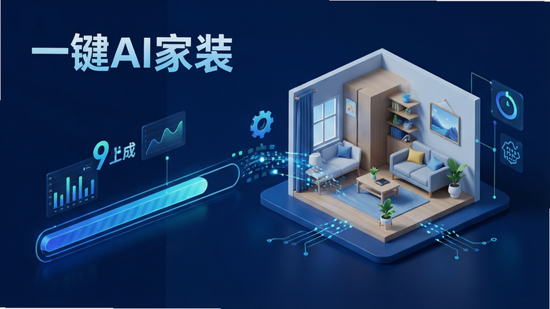 生成一张展示“一键AI家装”快速生成过程的示意图,主体为进度条与生成中的房间模型,布局动态感强,排版简洁,风格为科技蓝调,细节展示数据流动,画质清晰,干净无多余元素,文字包含“极速生成”