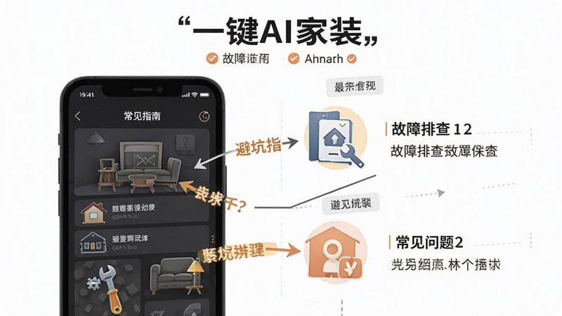 生成一张展示“一键AI家装”故障排查与设置技巧的信息图,主体为手机设置界面与常见问题图标,布局分块清晰,排版简洁明了,风格为扁平化设计,细节标注关键步骤,画质清晰,干净无多余元素,文字包含“避坑指南”