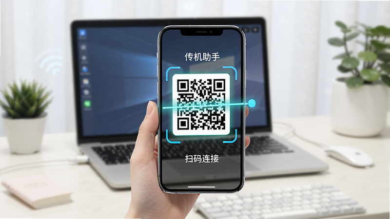 主体为手机扫码连接电脑的画面,布局清晰,风格友好,细节展示二维码扫描过程,画质高清,文字显示'传机助手'和'扫码连接'
