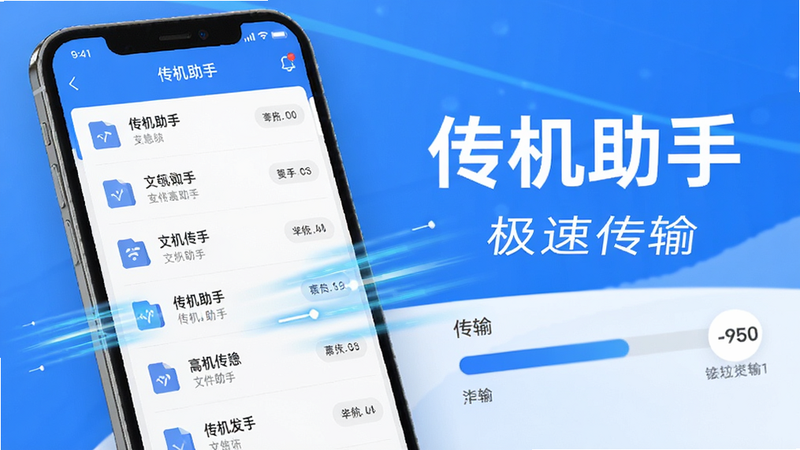 主体为传机助手APP界面,展示文件列表与传输进度条,布局简洁清晰,采用扁平化设计风格,色调以科技蓝与白色为主,细节处体现高速传输的动感线条,画质高清,干净无多余元素,文字显示'传机助手'和'极速传输'