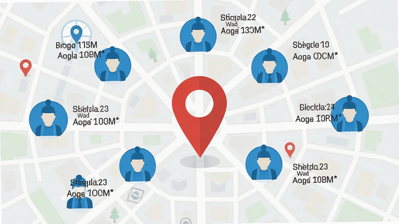 主体为地图定位示意图,中心有一个红色定位针,周围分布着多个代表技师的蓝色图标,布局呈放射状,背景为简化的城市地图网格,风格扁平化,细节展示距离数字和预计到达时间,画质清晰,干净无多余元素