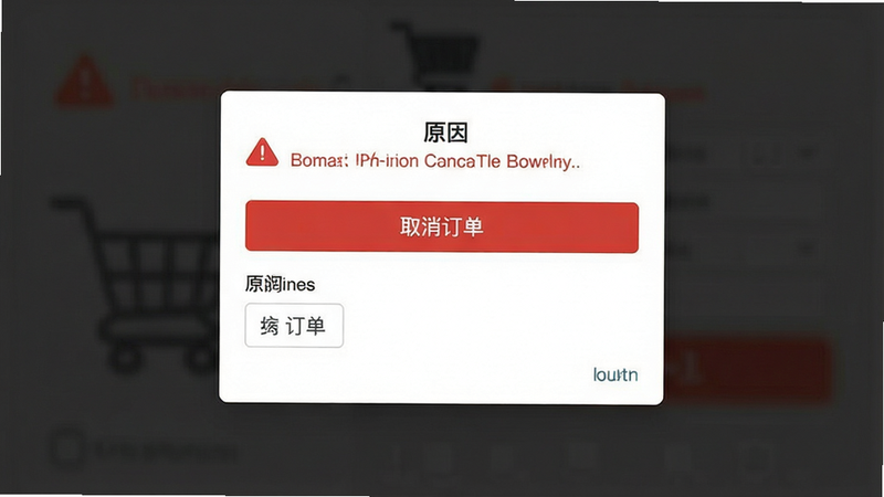主体为订单取消界面示意图,布局为弹窗样式,包含“取消订单”按钮和原因选择列表,背景为半透明黑色,风格简洁,细节展示红色警告图标和文字提示,画质高清,干净无多余元素