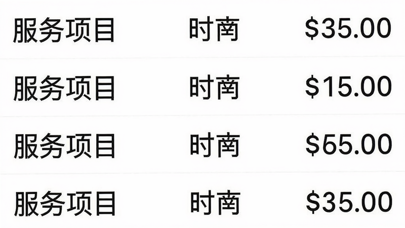 主体为价格列表界面截图,布局为垂直列表,每一行显示服务项目名称、时长和对应价格,字体清晰易读,背景为纯白色,风格简洁商务,细节展示货币符号和数字对齐,画质高清,干净无多余元素