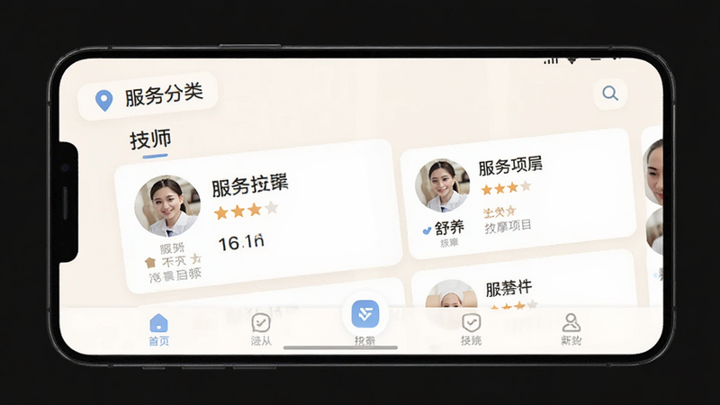 主体为舒养上门按摩APP的手机界面展示,布局清晰,顶部显示定位与服务分类,中部展示技师列表卡片,包含头像、评分及服务项目,底部为导航栏,风格简约现代,色调以暖白和浅蓝为主,细节展示清晰的文字排版和图标设计,画质高清,干净无多余元素