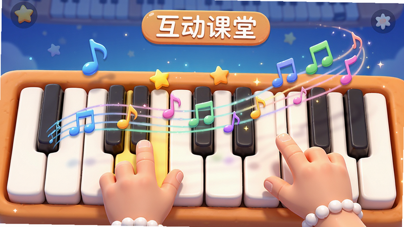 展示及象乐园APP内的互动课堂界面,主体是一个卡通化的钢琴键盘,手指正在模拟弹奏,周围漂浮着音符和星星特效,布局为全屏沉浸式,风格为3D卡通渲染,细节丰富,音符轨迹清晰,画质超清,干净,无多余元素,文字标注