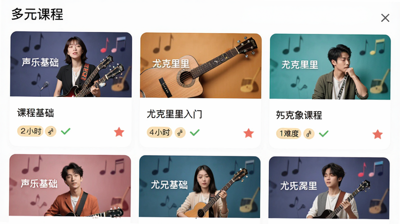 及象乐园APP的课程列表页面,主体是多个卡片式课程封面,包括“声乐基础”、“尤克里里入门”等,布局为瀑布流或网格排列,风格为简约电商风,色彩丰富但协调,细节处有课程时长和难度标签,画质清晰,干净,无多余元素,文字